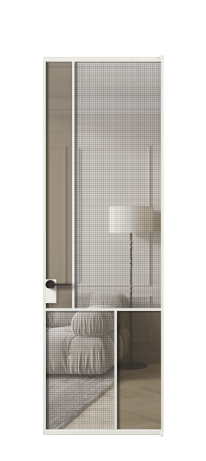 Межкомнатная дверь Mosaic АЛПЛ041.20 Алюминий светло-серый Декоративное стекло с сеткой "Mesh silver", триплекс, 6 мм + Прозрачное бронзовое стекло, триплекс, 6 мм Цена 96160 ₽ | Volhovec