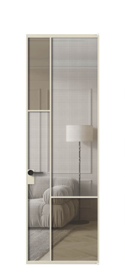Межкомнатная дверь Mosaic АЛПЛ041.13 Алюминий бежево-серый Декоративное стекло с сеткой "Mesh silver", триплекс, 6 мм + Прозрачное бронзовое стекло, триплекс, 6 мм Цена 105780 ₽ | Volhovec
