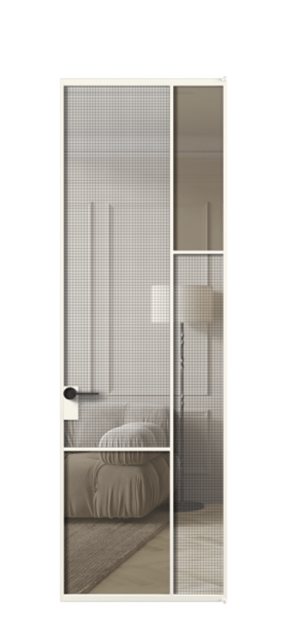 Межкомнатная дверь Mosaic АЛПЛ041.12 Алюминий пудровый белый Декоративное стекло с сеткой "Mesh silver", триплекс, 6 мм + Прозрачное бронзовое стекло, триплекс, 6 мм Цена 105780 ₽ | Volhovec
