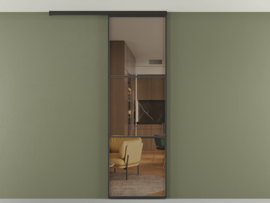 Перегородка Формато вдоль стены на потолок 1 створка АЛПР 040.03 Алюминий Черный Прозрачное бронзовое стекло, триплекс Цена 124140 ₽ | Volhovec