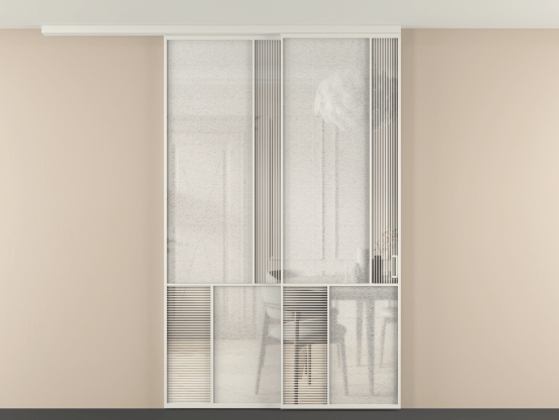 Перегородка Mosaic вдоль стены на потолок 2 створки с синхронным механизмом АЛПР 041.21 Алюминий Белый Рифлёное стекло "Дюна", триплекс, 6 мм + Фактурное стекло "Лёд", триплекс Цена 380070 ₽ | Volhovec