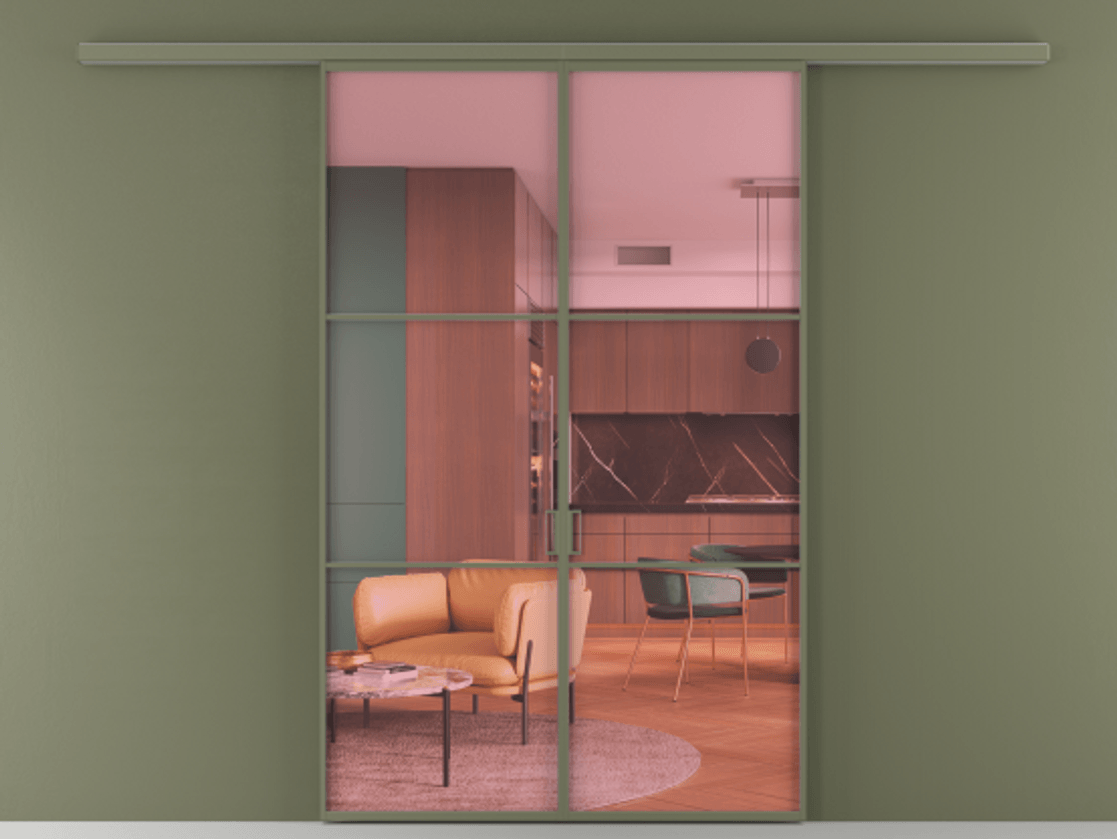 Перегородка Формато вдоль стены 2 створки АЛПР 040.03 Алюминий оливковый тёмный Прозрачное розовое стекло, триплекс Цена 223260 ₽ | Volhovec