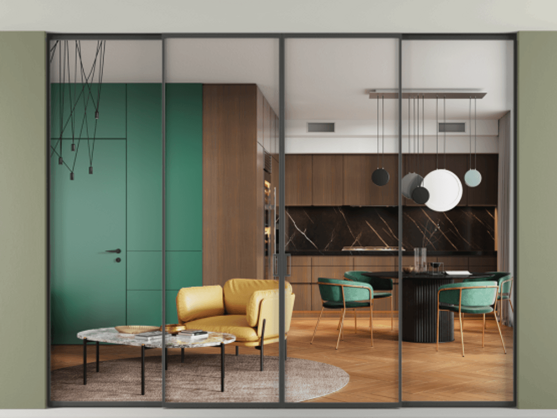 Перегородка Формато внутри проёма скрытое крепление в потолок 4 створки АЛПР 040.01  Прозрачное стекло "Кристал Вижн", калёное Цена 686160 ₽ | Volhovec