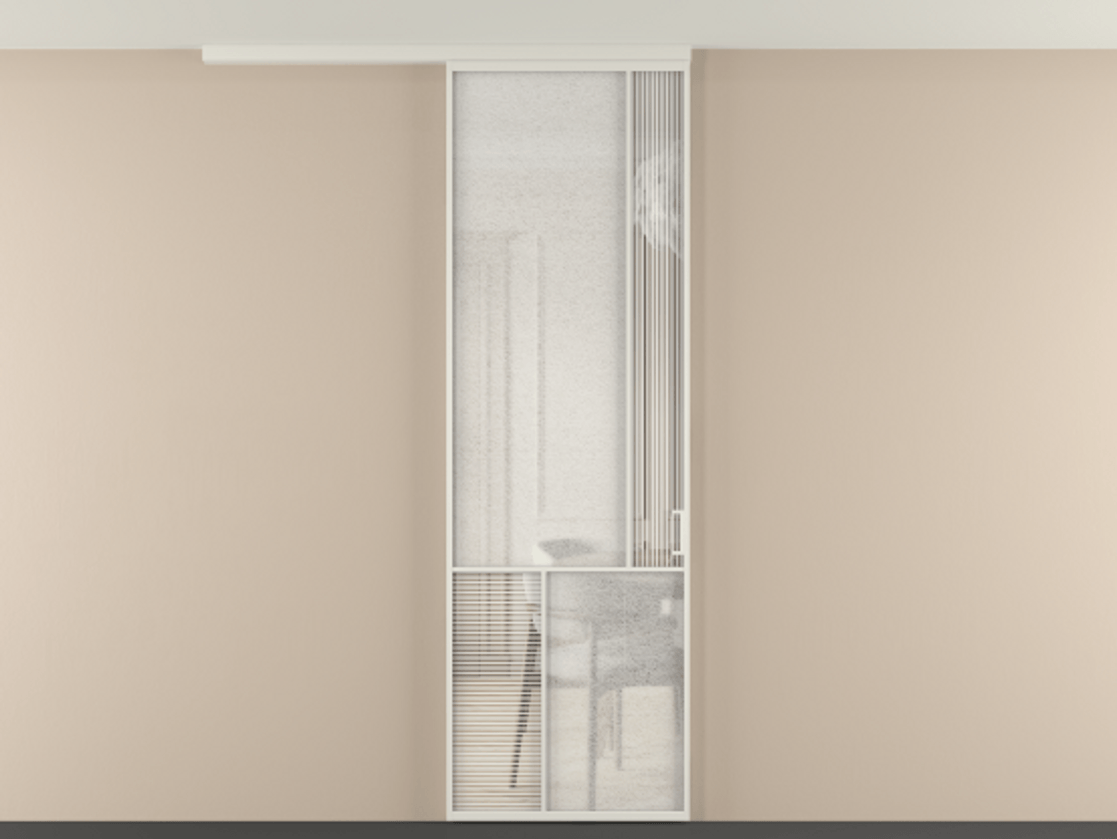 Перегородка Mosaic вдоль стены на потолок 1 створка АЛПР 041.21 Алюминий Белый Рифлёное стекло "Дюна", триплекс, 6 мм + Фактурное стекло "Лёд", триплекс Цена 151320 ₽ | Volhovec