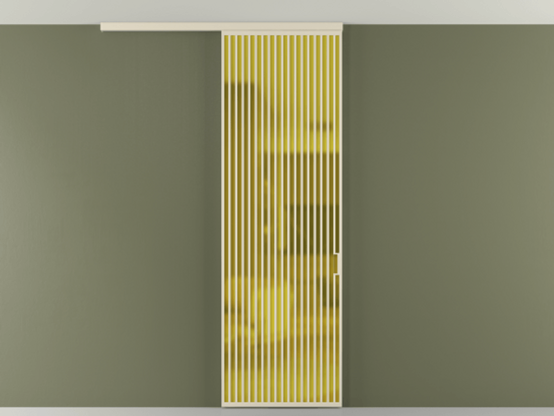 Межкомнатная дверь New Перегородка Formato вдоль стены на потолок одностворчатая АЛПР 040.06 Алюминий бежево-серый Сатинированное жёлтое стекло, триплекс Цена 205950  | Volhovec