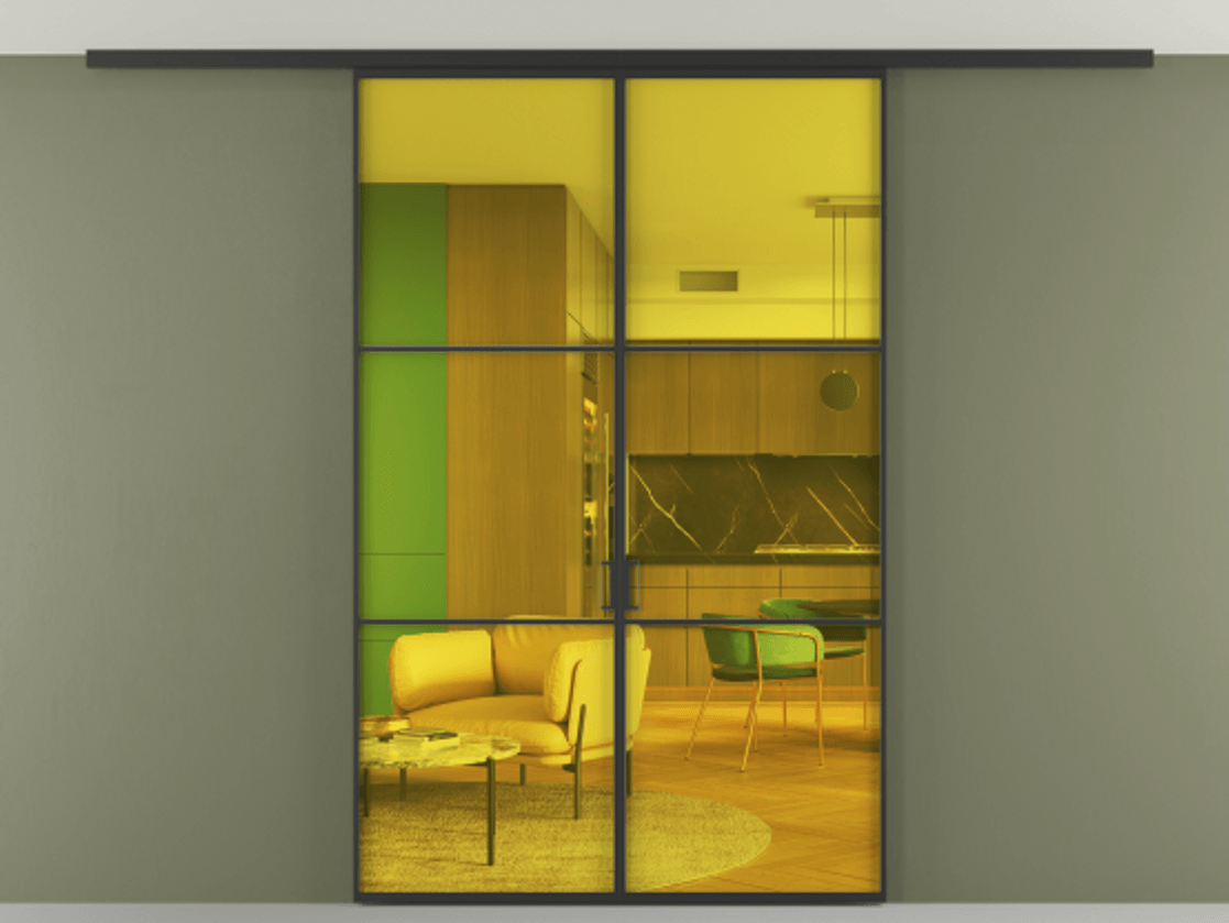 Перегородка Формато вдоль стены на потолок 2 створки АЛПР 040.03 Алюминий Черный Прозрачное жёлтое стекло, триплекс Цена 206180 ₽ | Volhovec