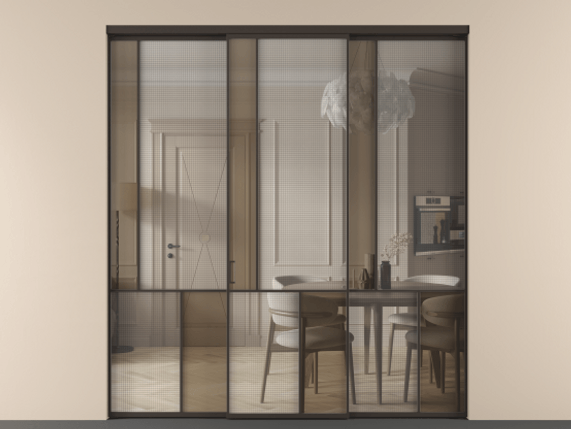 Перегородка Mosaic внутри проёма 3 створки АЛПР 041.20 Алюминий антрацит Декоративное стекло с сеткой "Mesh silver", триплекс, 6 мм + Прозрачное бронзовое стекло, триплекс Цена 395330 ₽ | Volhovec