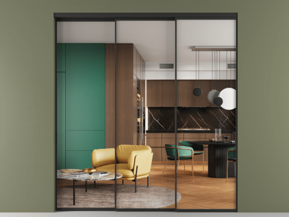 Перегородка Formato внутри проёма телескопик синхро 2 АЛПР 040.01 Алюминий Черный Прозрачное стекло "Crystal Vision", калёное, 6 мм Цена 395450 ₽  | Volhovec