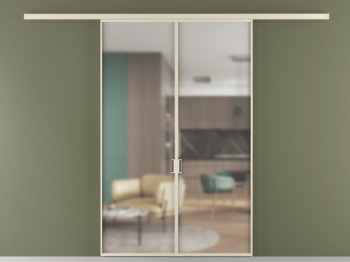 Перегородка Formato вдоль стены 2 створки АЛПР 040.01 Алюминий бежево-серый Сатинированное стекло "Matelux Crystal Vision", калёное, матовое, каленое 6 мм Цена 262020 ₽ | Volhovec