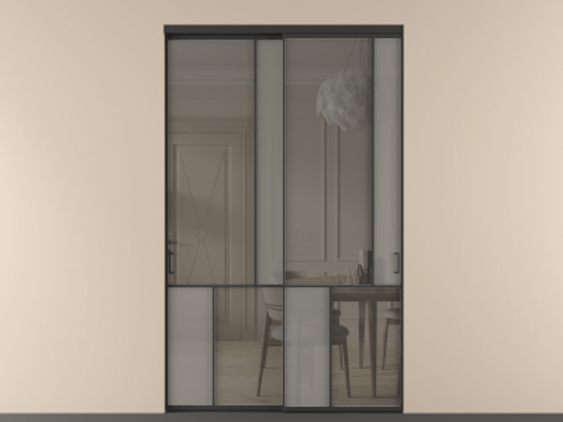 Перегородка Мозаик внутри проёма 2 створки АЛПР 041.21 Алюминий Черный Сатинированное серое стекло, триплекс, 6 мм + Прозрачное серое стекло, триплекс Цена 517640 ₽ | Volhovec