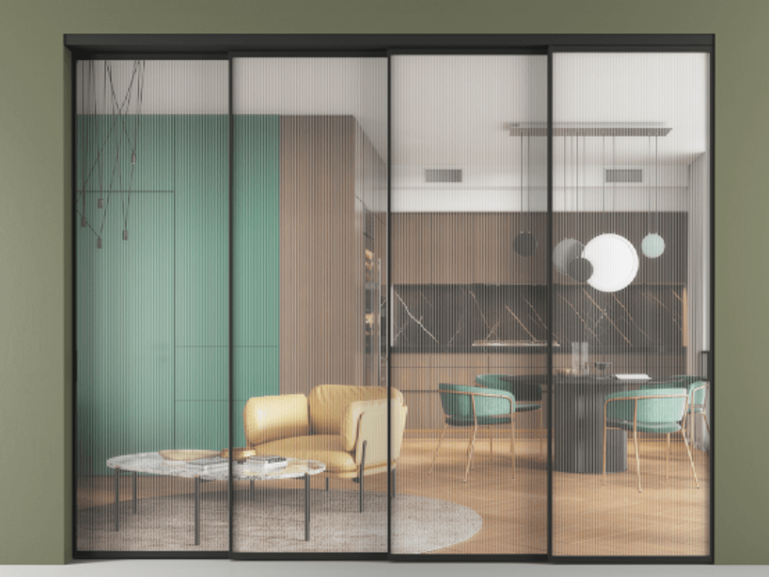 Перегородка Формато внутри проёма 4 створки с синхронным механизмом АЛПР 040.01 Алюминий Черный Рифлёное стекло "Мору", триплекс Цена 496170 ₽ | Volhovec