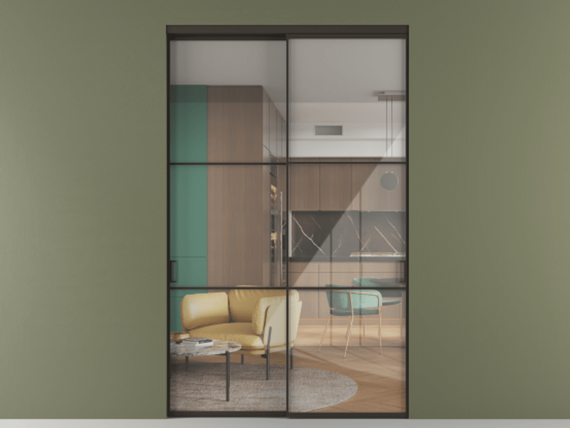 Перегородка Формато внутри проёма 2 створки АЛПР 040.03 Алюминий антрацит Рефлективное прозрачное стекло "Стопсол", калёное Цена 526130 ₽  | Volhovec