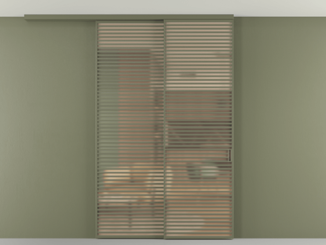 Перегородка Формато вдоль стены на потолок 2 створки с синхронным механизмом АЛПР 040.07 Алюминий оливковый тёмный Сатинированное оранжевое стекло, триплекс Цена 495500 ₽ | Volhovec