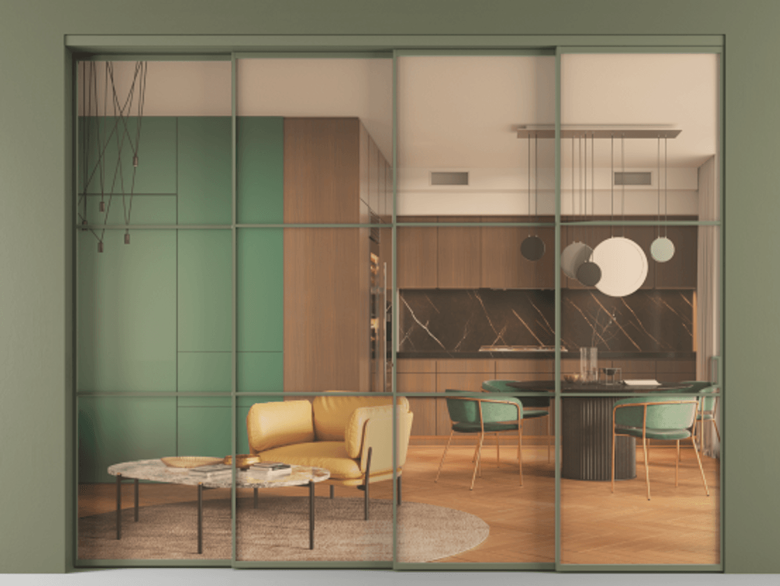 Перегородка Формато внутри проёма 4 створки с синхронным механизмом АЛПР 040.03 Алюминий оливковый тёмный Прозрачное оранжевое стекло, триплекс Цена 510090 ₽ | Volhovec