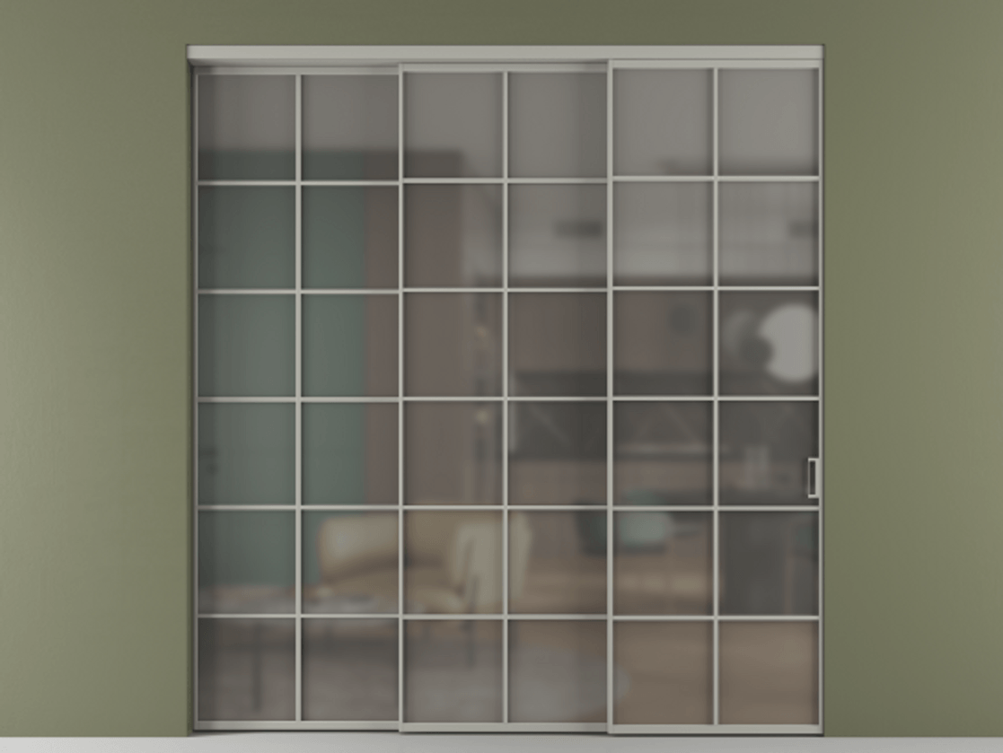 Перегородка Formato внутри проёма 3 створки с синхронным механизмом АЛПР 040.05 Алюминий нейтральный серый Сатинированное серое стекло, триплекс Цена 454300 ₽  | Volhovec