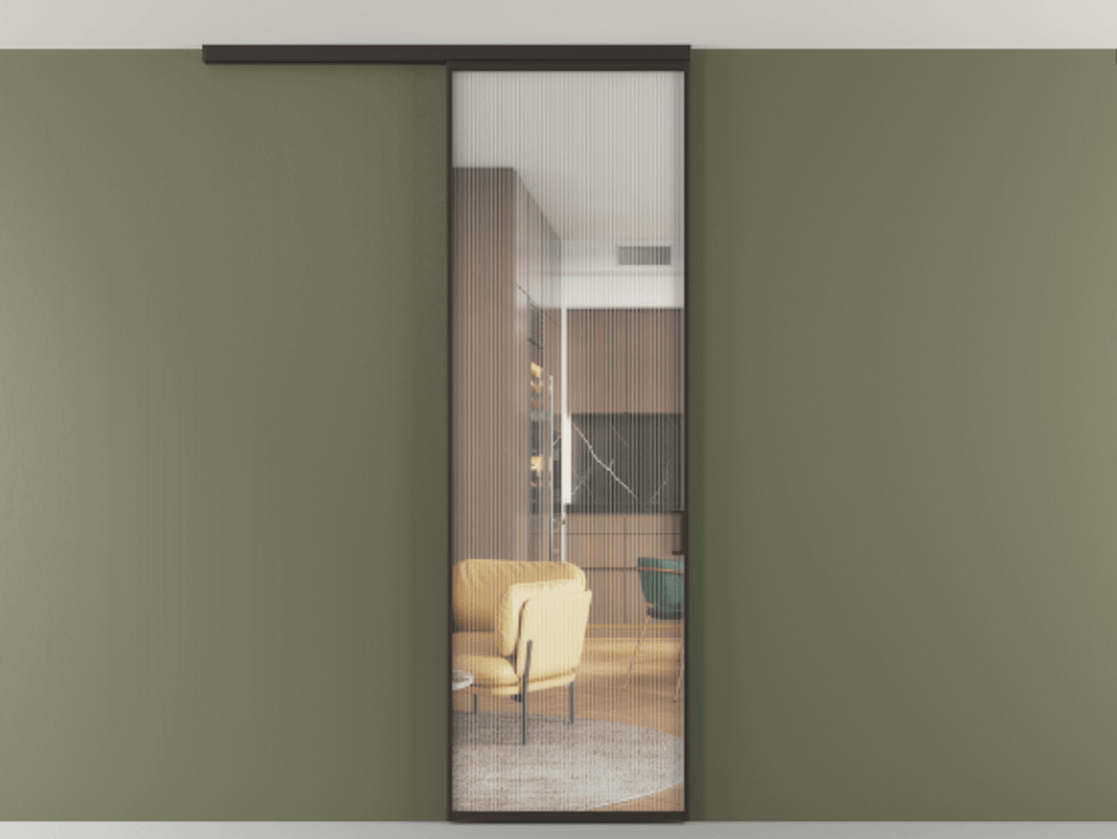 Перегородка Formato вдоль стены на потолок 1 створка АЛПР 040.01 Алюминий антрацит Рифлёное стекло "Moru", триплекс Цена 112900 ₽ | Volhovec