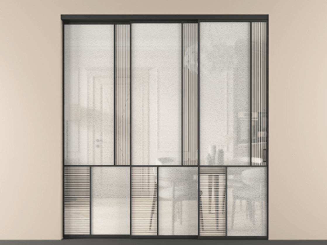 Перегородка Mosaic внутри проёма телескопик синхро 2 АЛПР 041.21 Алюминий Черный Рифлёное стекло "Дюна", триплекс, 6 мм + Фактурное стекло "Лёд", триплекс. Скрытый короб ЧЕР Цена 485180 ₽ . Фабрика дверей Волховец 8 (800) 551 43 19 Перегородка Mosaic внутри проёма телескопик синхро 2 АЛПР 041.21 Алюминий Черный Рифлёное стекло "Дюна", триплекс, 6 мм + Фактурное стекло "Лёд", триплекс Цена 485180 ₽ | Volhovec