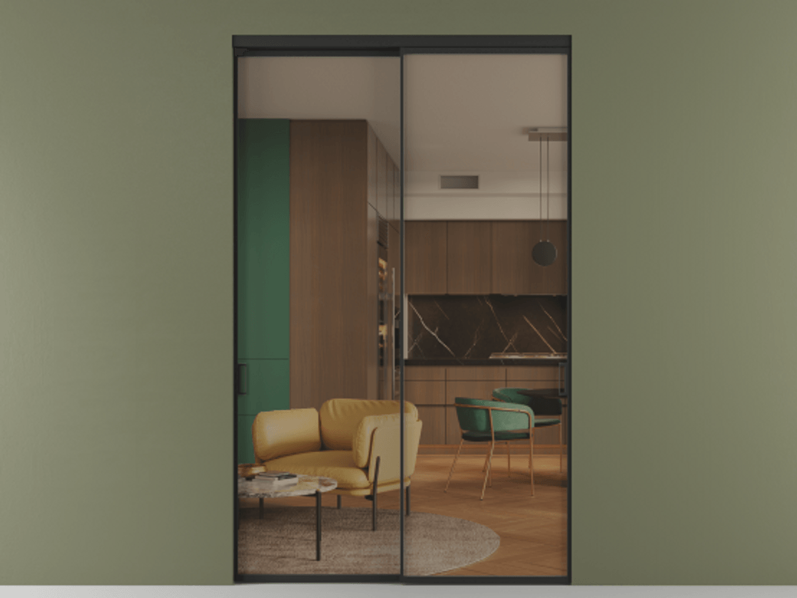 Перегородка Formato внутри проёма 2 створки АЛПР 040.01 Алюминий Черный Прозрачное бронзовое стекло, триплекс Цена 443610 ₽  | Volhovec