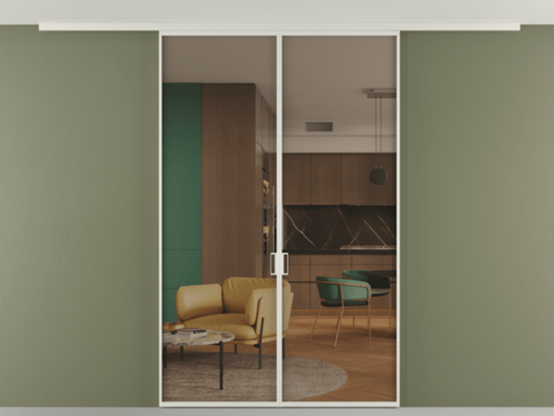 Перегородка Formato вдоль стены на потолок двустворчатая АЛПР 040.01 Алюминий Белый Прозрачное бронзовое стекло, триплекс, 6 мм Цена 215050 ₽ | Volhovec