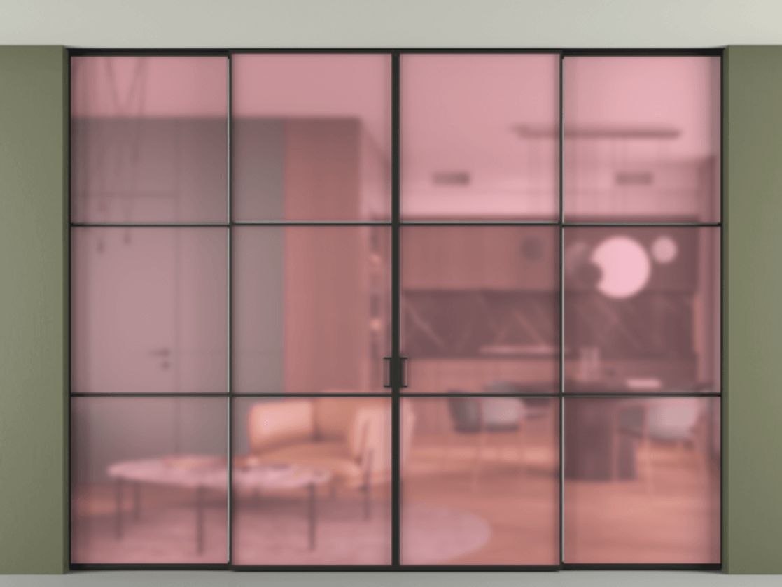 Перегородка Формато внутри проёма скрытое крепление в потолок 4 створки АЛПР 040.03 Алюминий Черный Сатинированное розовое стекло, триплекс Цена 488820 ₽ | Volhovec