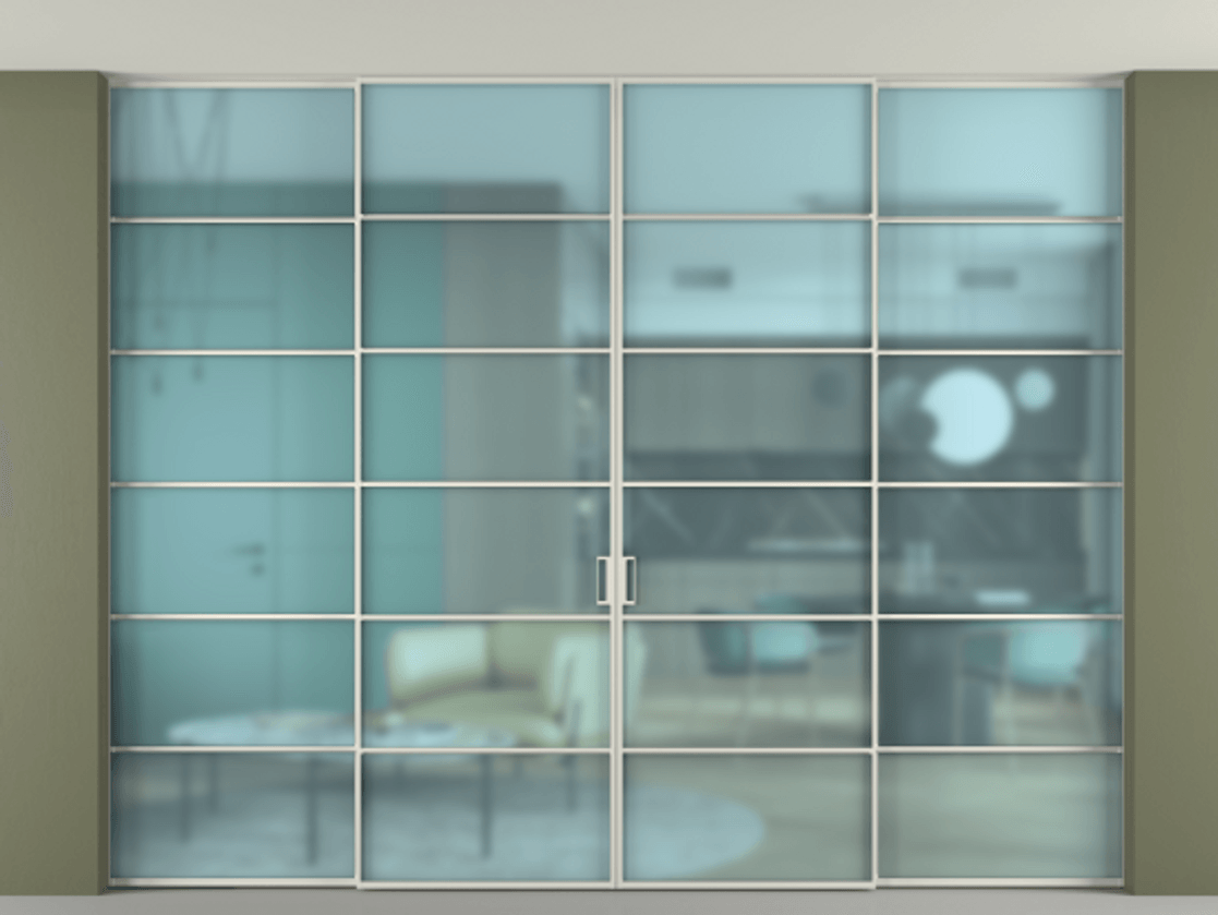 Перегородка Formato внутри проёма скрытое крепление в потолок 4 створки АЛПР 040.04 Алюминий Белый Сатинированное голубое стекло, триплекс Цена 498380 ₽ | Volhovec