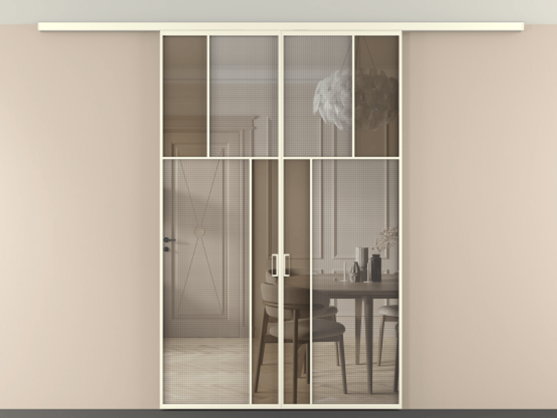 Перегородка Mosaic вдоль стены на потолок двустворчатая АЛПР 041.22 Алюминий молочно-белый Декоративное стекло с сеткой "Mesh silver", триплекс, 6 мм + Прозрачное бронзовое стекло, триплекс, 6 мм Цена 285910 ₽ | Volhovec