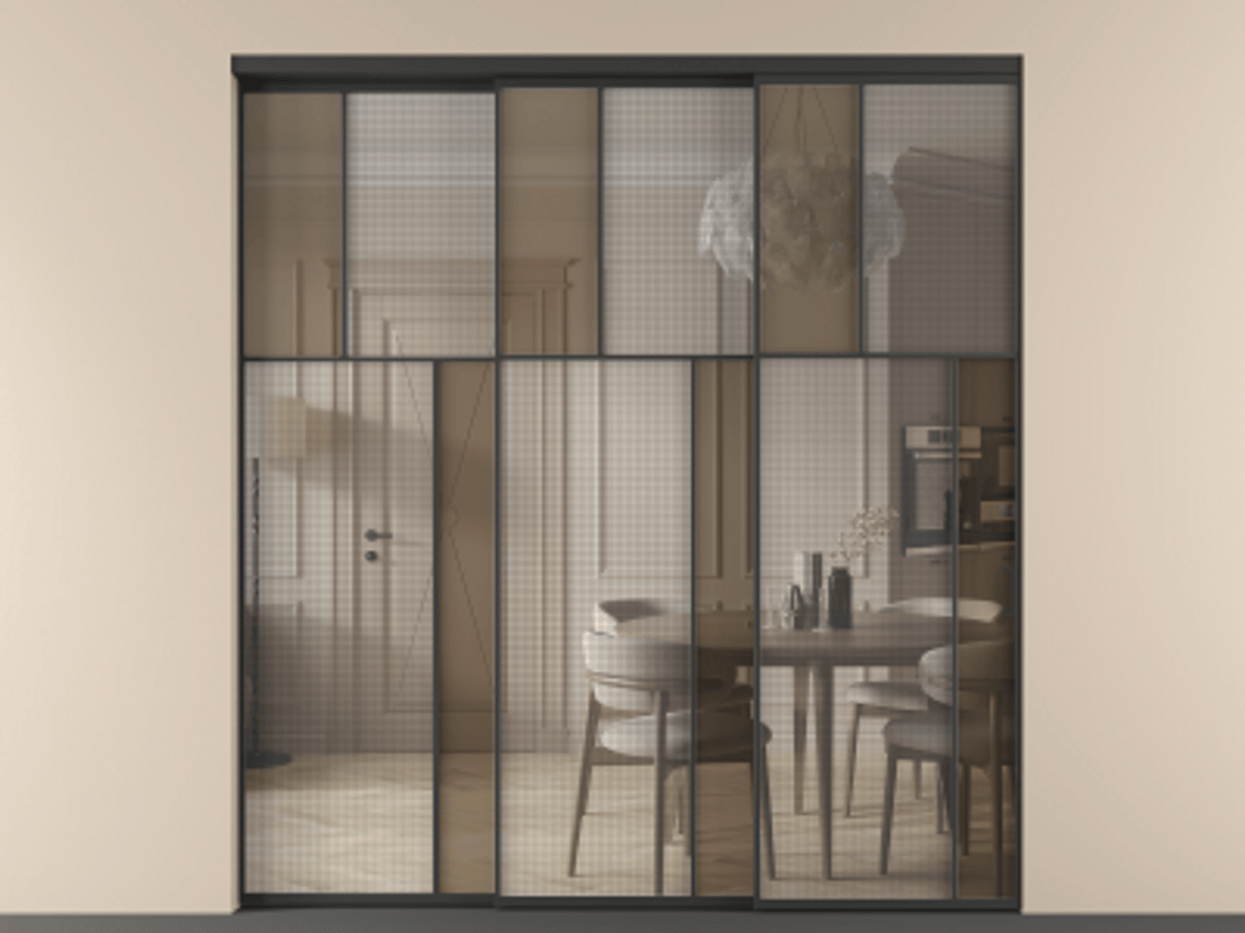 Перегородка Mosaic внутри проёма 3 створки с синхронным механизмом АЛПР 041.23 Алюминий Черный Декоративное стекло с сеткой "Mesh silver", триплекс, 6 мм + Прозрачное бронзовое стекло, триплекс Цена 478580 ₽ | Volhovec