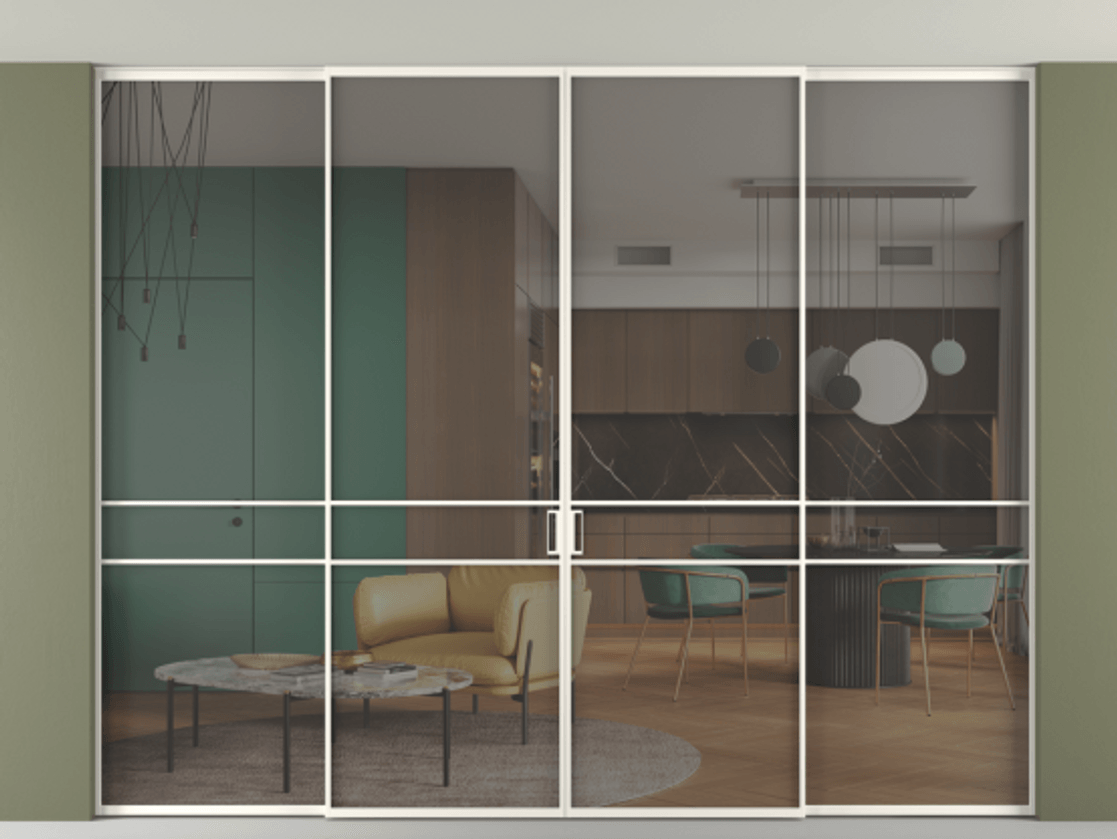 Перегородка Formato внутри проёма скрытое крепление в потолок 4 створки АЛПР 040.02 Алюминий пудровый белый Прозрачное серое стекло, триплекс Цена 502760 ₽ | Volhovec