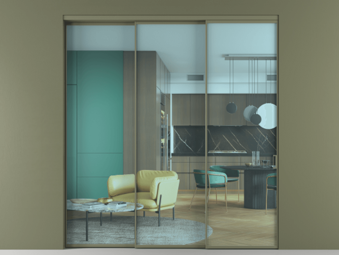 Перегородка Formato внутри проёма телескопик синхро 2 АЛПР 040.01 Алюминий оливковый тёмный Прозрачное голубое стекло, триплекс Цена 364740 ₽  | Volhovec