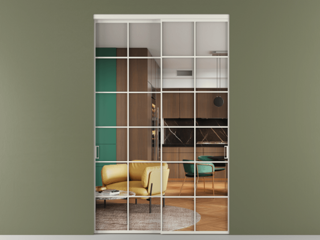 Перегородка Formato внутри проёма 2 створки АЛПР 040.05 Алюминий Белый Прозрачное стекло "Crystal Vision", калёное Цена 518100 ₽  | Volhovec