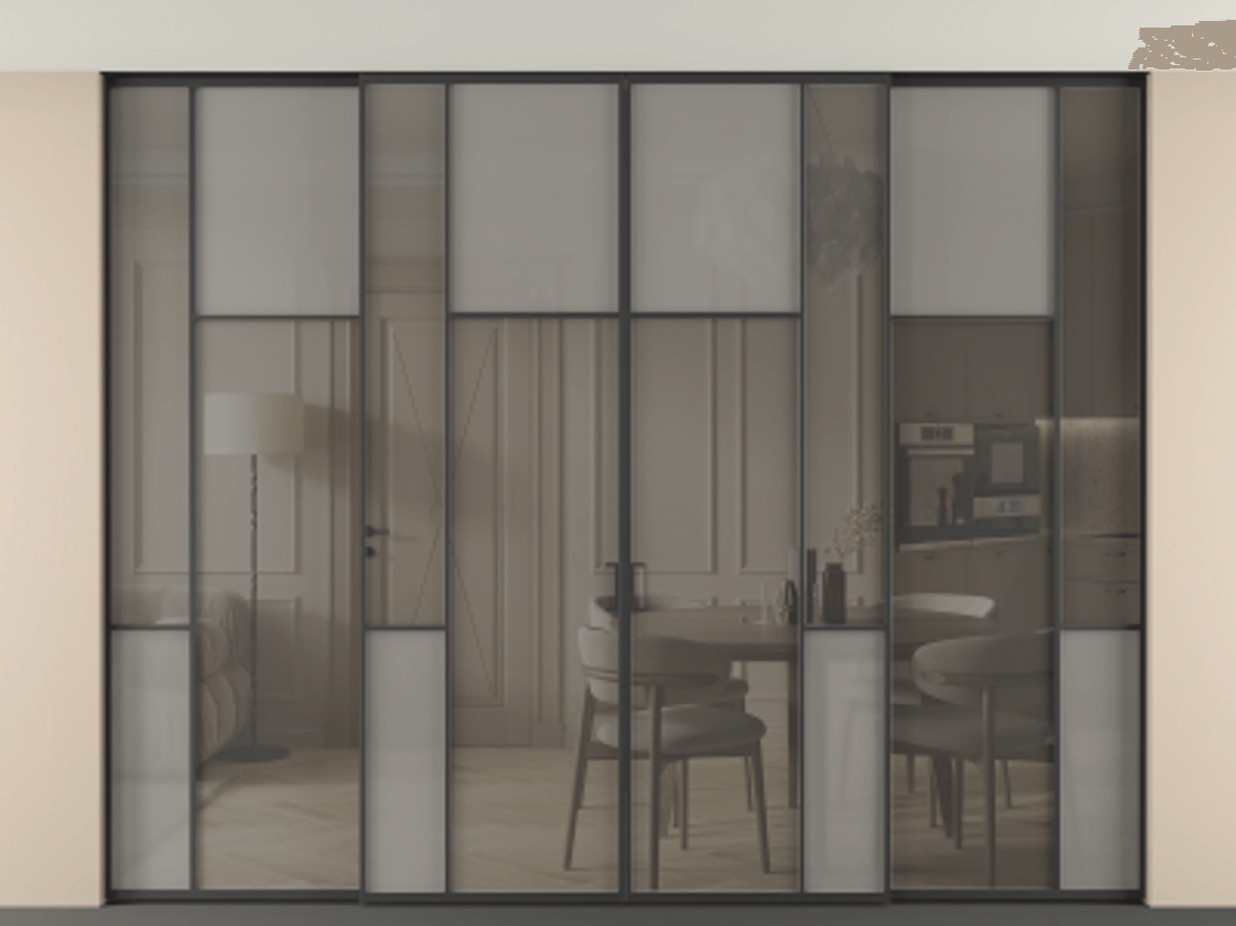 Перегородка Mosaic внутри проёма скрытое крепление в потолок 4 створки АЛПР 041.10 Алюминий Черный Сатинированное серое стекло, триплекс, 6 мм + Прозрачное серое стекло, триплекс Цена 631550 ₽ | Volhovec