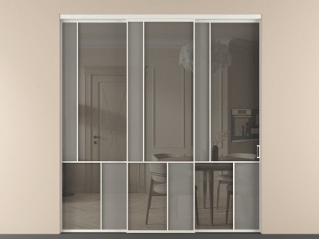 Перегородка Мозаик внутри проёма 3 створки с синхронным механизмом АЛПР 041.20  Алюминий Белый Сатинированное серое стекло, триплекс, 6 мм + Прозрачное серое стекло, триплекс Цена 458780 ₽ | Volhovec