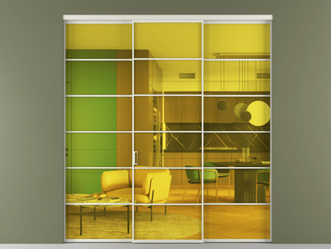 Перегородка Formato внутри проёма трёхстворчатая АЛПР 040.04 Алюминий Белый Прозрачное жёлтое стекло, триплекс Цена 282110 ₽ | Volhovec