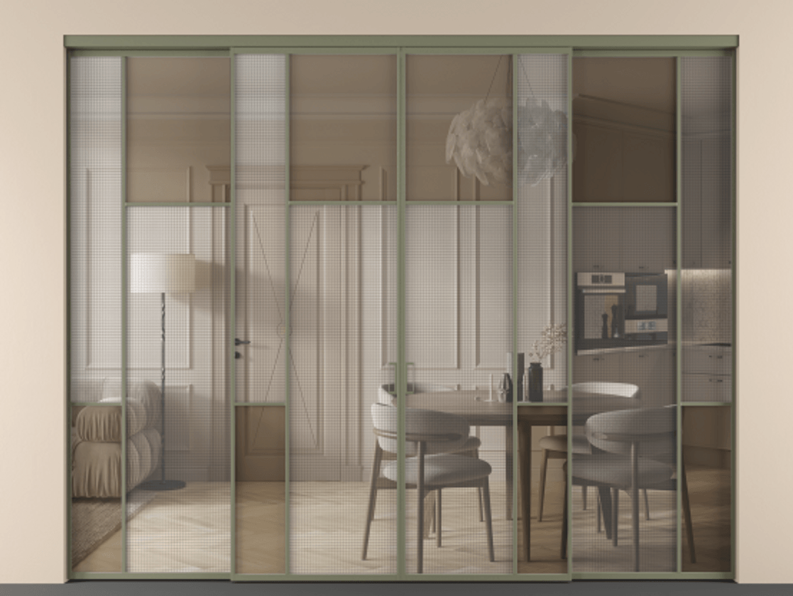 Перегородка Mosaic внутри проёма четырёхстворчатая АЛПР 041.10 Алюминий оливковый тёмный Декоративное стекло с сеткой "Mesh silver", триплекс, 6 мм + Прозрачное бронзовое стекло, триплекс. Цена 533410 ₽ . Фабрика дверей Волховец 8 (800) 551 43 19 Перегородка Mosaic внутри проёма четырёхстворчатая АЛПР 041.10 Алюминий оливковый тёмный Декоративное стекло с сеткой "Mesh silver", триплекс, 6 мм + Прозрачное бронзовое стекло, триплекс Цена 533410 ₽ | Volhovec