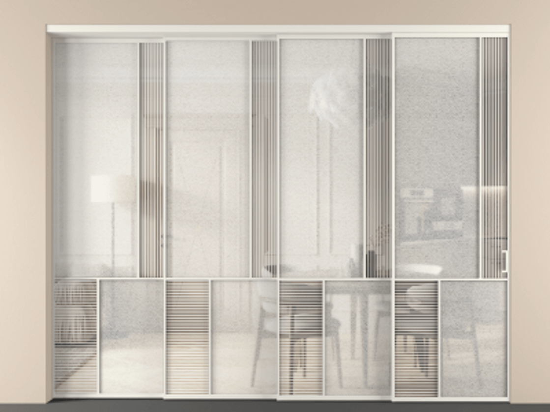 Перегородка Mosaic внутри проёма 4 створки с синхронным механизмом АЛПР 041.21 Алюминий Белый Рифлёное стекло "Дюна", триплекс, 6 мм + Фактурное стекло "Лёд", триплекс Цена 651270 ₽ | Volhovec
