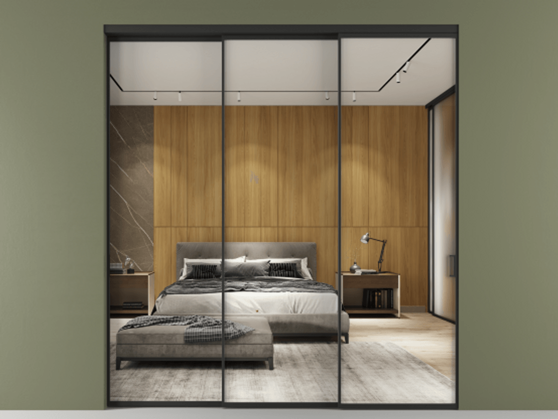 Перегородка Формато внутри проёма 3 створки с синхронным механизмом АЛПР 040.01 Алюминий Черный Двустороннее зеркало, триплекс , триплекс 6 мм Цена 336790 ₽  | Volhovec