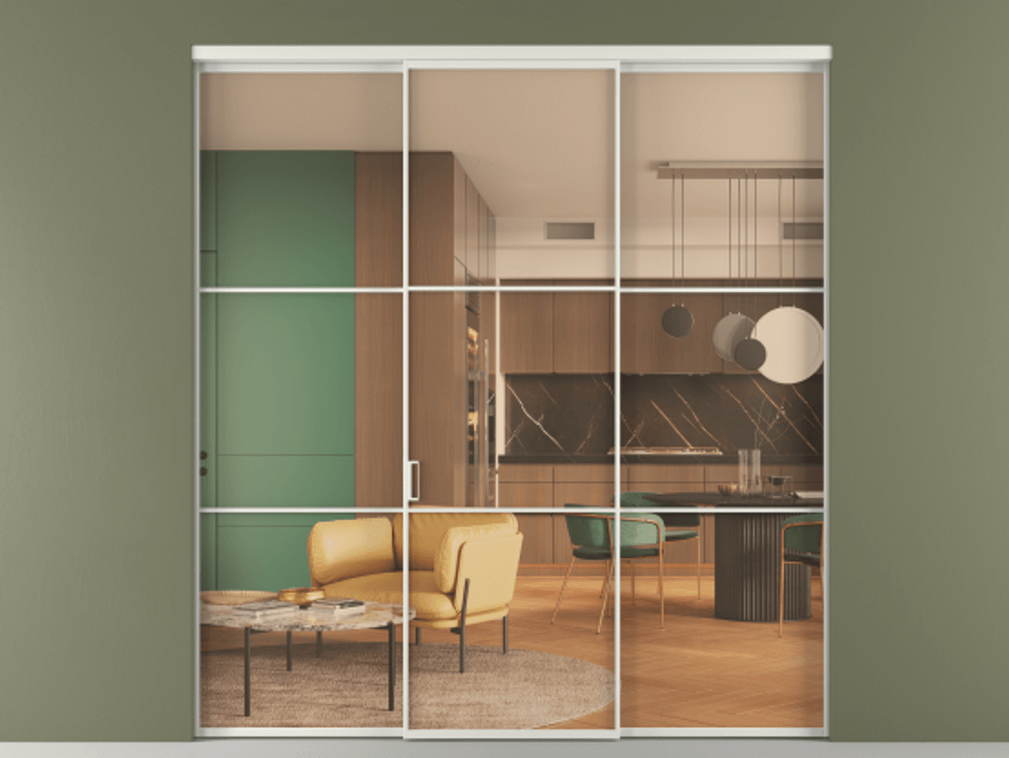 Перегородка Формато внутри проёма 3 створки АЛПР 040.03 Алюминий серый Прозрачное оранжевое стекло, триплекс Цена 273390 ₽ | Volhovec