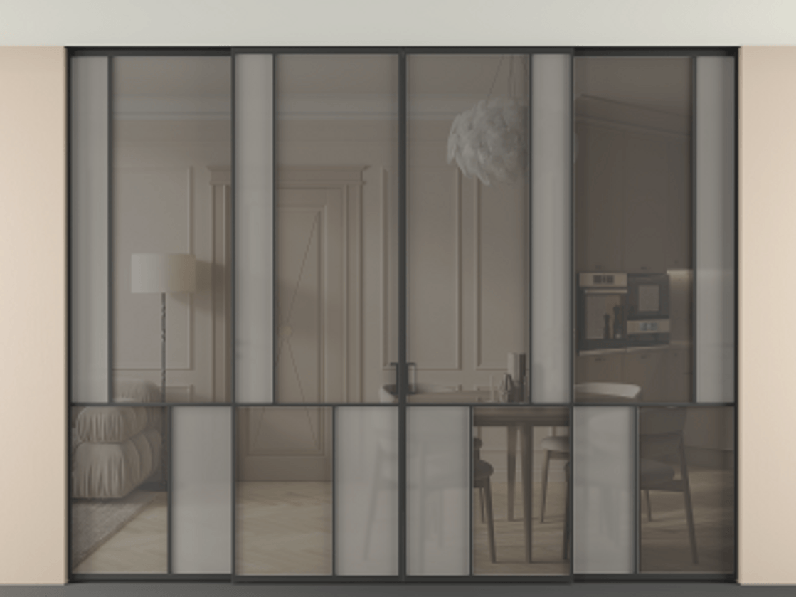 Перегородка Мозаик внутри проёма скрытое крепление в потолок 4 створки АЛПР 041.21 Алюминий Черный Сатинированное серое стекло, триплекс, 6 мм + Прозрачное серое стекло, триплекс Цена 631550 ₽ | Volhovec