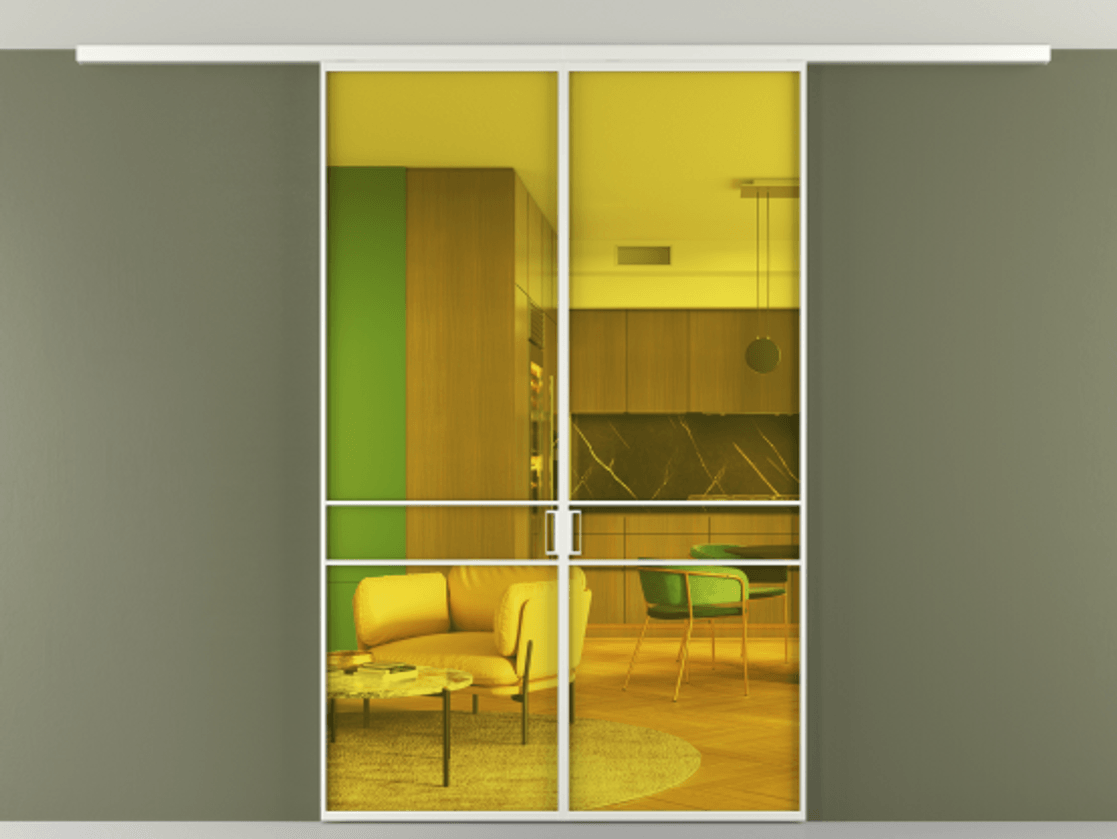 Перегородка Formato вдоль стены на потолок 2 створки АЛПР 040.02 Алюминий светло-серый Прозрачное жёлтое стекло, триплекс Цена 214360 ₽ | Volhovec