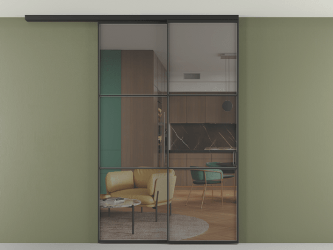 Перегородка Formato вдоль стены на потолок телескопик синхро 2 АЛПР 040.03 Алюминий Черный Прозрачное серое стекло, триплекс, 6 мм Цена 307100 ₽ | Volhovec