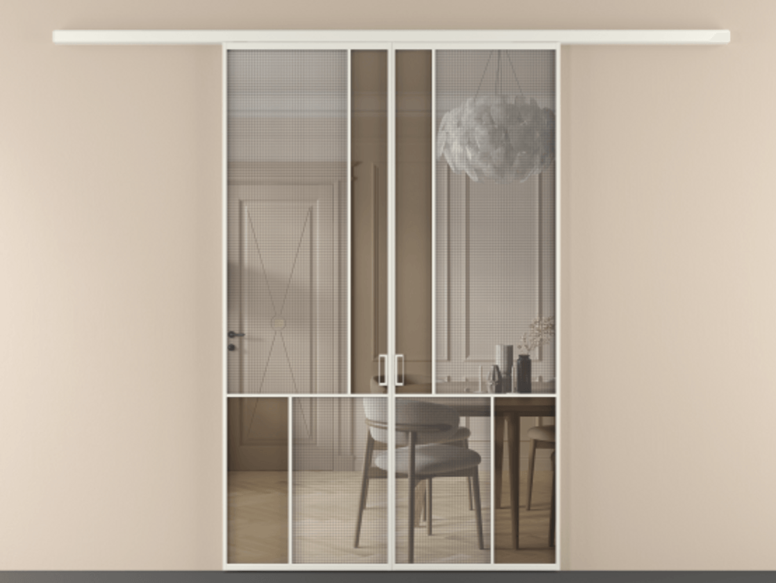 Перегородка Mosaic вдоль стены двустворчатая АЛПР 041.20 Алюминий Белый Декоративное стекло с сеткой "Mesh silver", триплекс, 6 мм + Прозрачное бронзовое стекло, триплекс, 6 мм Цена 276720 ₽ | Volhovec