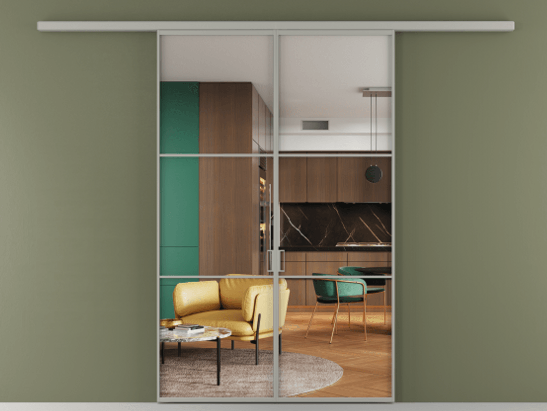 Перегородка Formato вдоль стены 2 створки АЛПР 040.03 Алюминий нейтральный серый Прозрачное стекло "Crystal Vision", калёное Цена 273900 ₽ | Volhovec