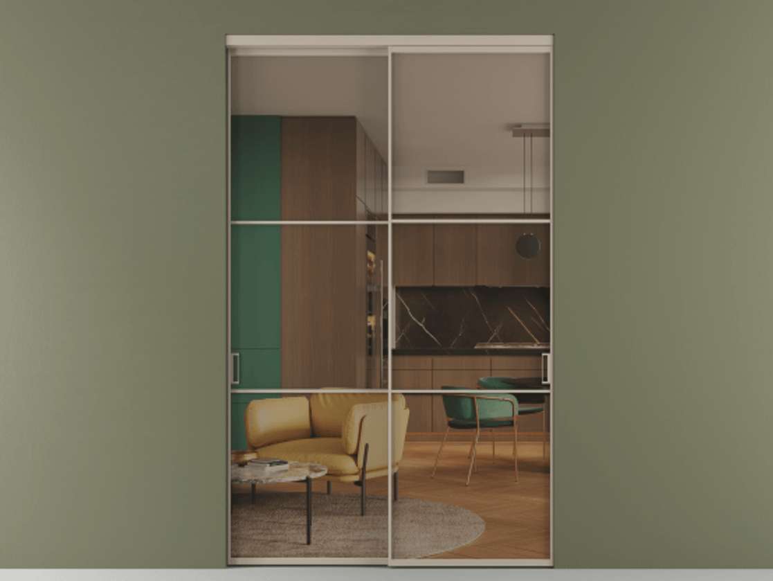 Перегородка Formato внутри проёма двустворчатая АЛПР 040.03 Алюминий бисквитный Прозрачное бронзовое стекло, триплекс, 6 мм Цена 216810 ₽  | Volhovec