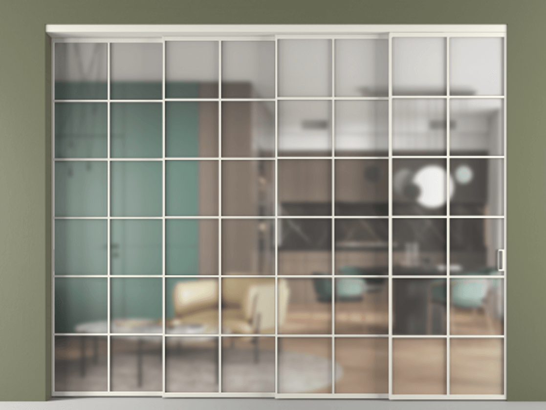 Перегородка Formato внутри проёма 4 створки с синхронным механизмом АЛПР 040.05 Алюминий Белый Сатинированное стекло "Matelux Crystal Vision", калёное, матовое, каленое 6 мм Цена 616990 ₽ | Volhovec