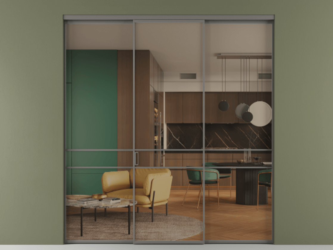 Перегородка Формато внутри проёма 3 створки АЛПР 040.02 Алюминий классический серый Прозрачное бронзовое стекло, триплекс Цена 322960 ₽ | Volhovec