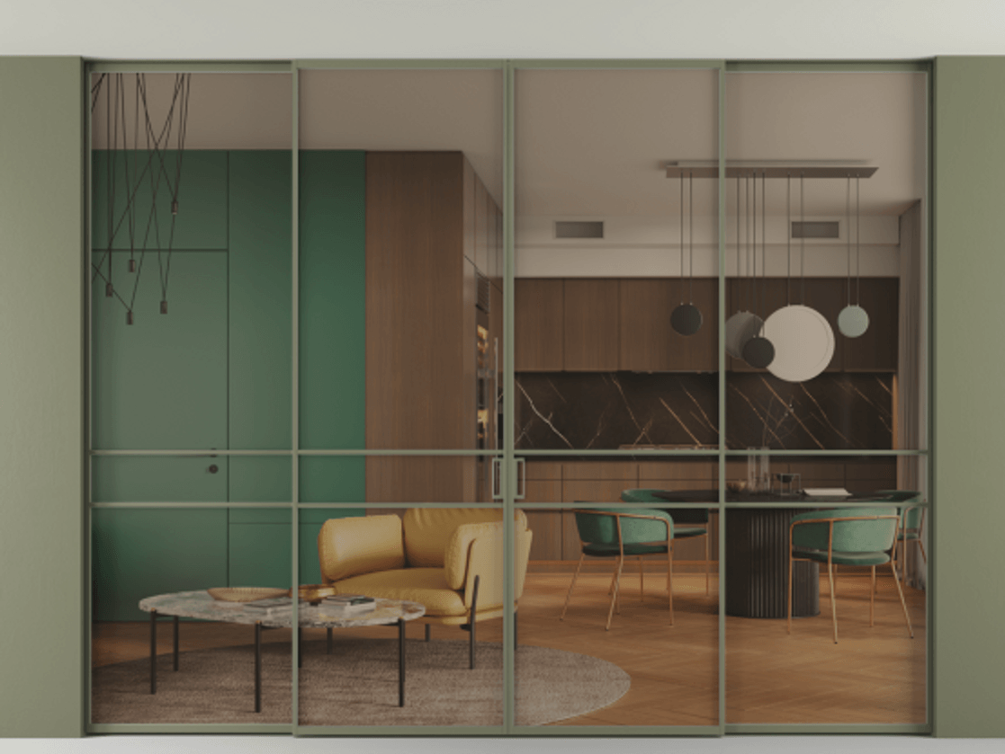 Перегородка Formato внутри проёма четырёхстворчатая со скрытым креплением в потолок АЛПР 040.02 Алюминий оливковый тёмный Прозрачное бронзовое стекло, триплекс, 6 мм Цена 542430 ₽ | Volhovec