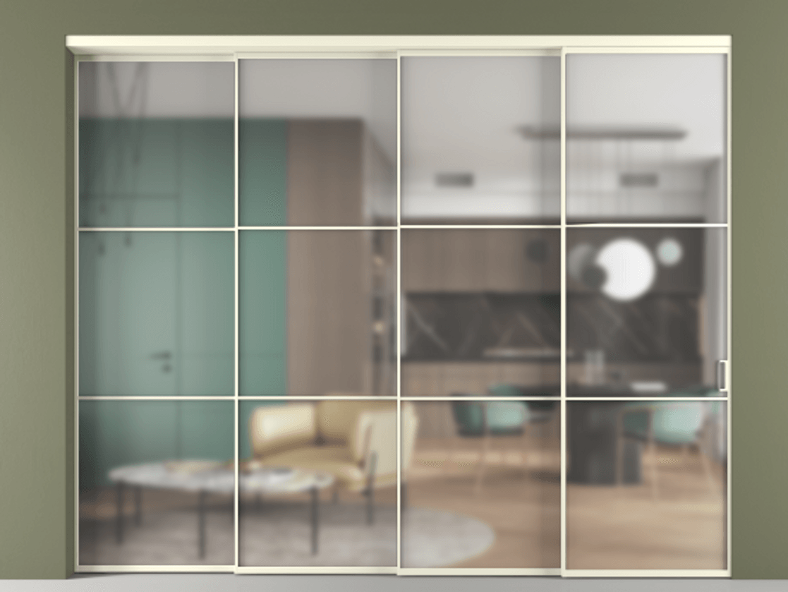 Перегородка Формато внутри проёма 4 створки с синхронным механизмом АЛПР 040.03 Алюминий молочно-белый Сатинированное стекло "Мателюкс Кристал Вижн", калёное, матовое, каленое 6 мм Цена 611380 ₽ | Volhovec