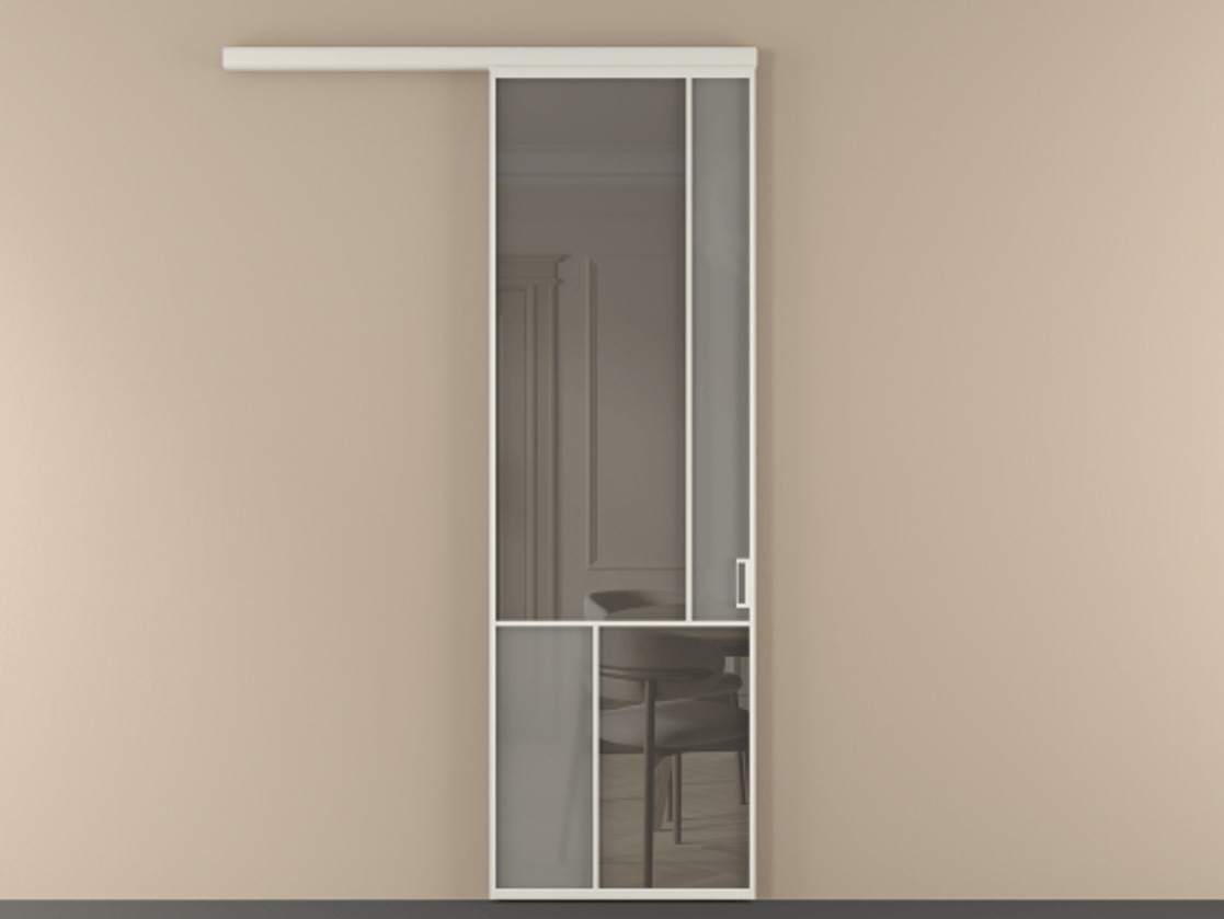 Перегородка Мозаик вдоль стены 1 створка АЛПР 041.21 Алюминий Белый Сатинированное серое стекло, триплекс, 6 мм + Прозрачное серое стекло, триплекс Цена 144530 ₽ | Volhovec