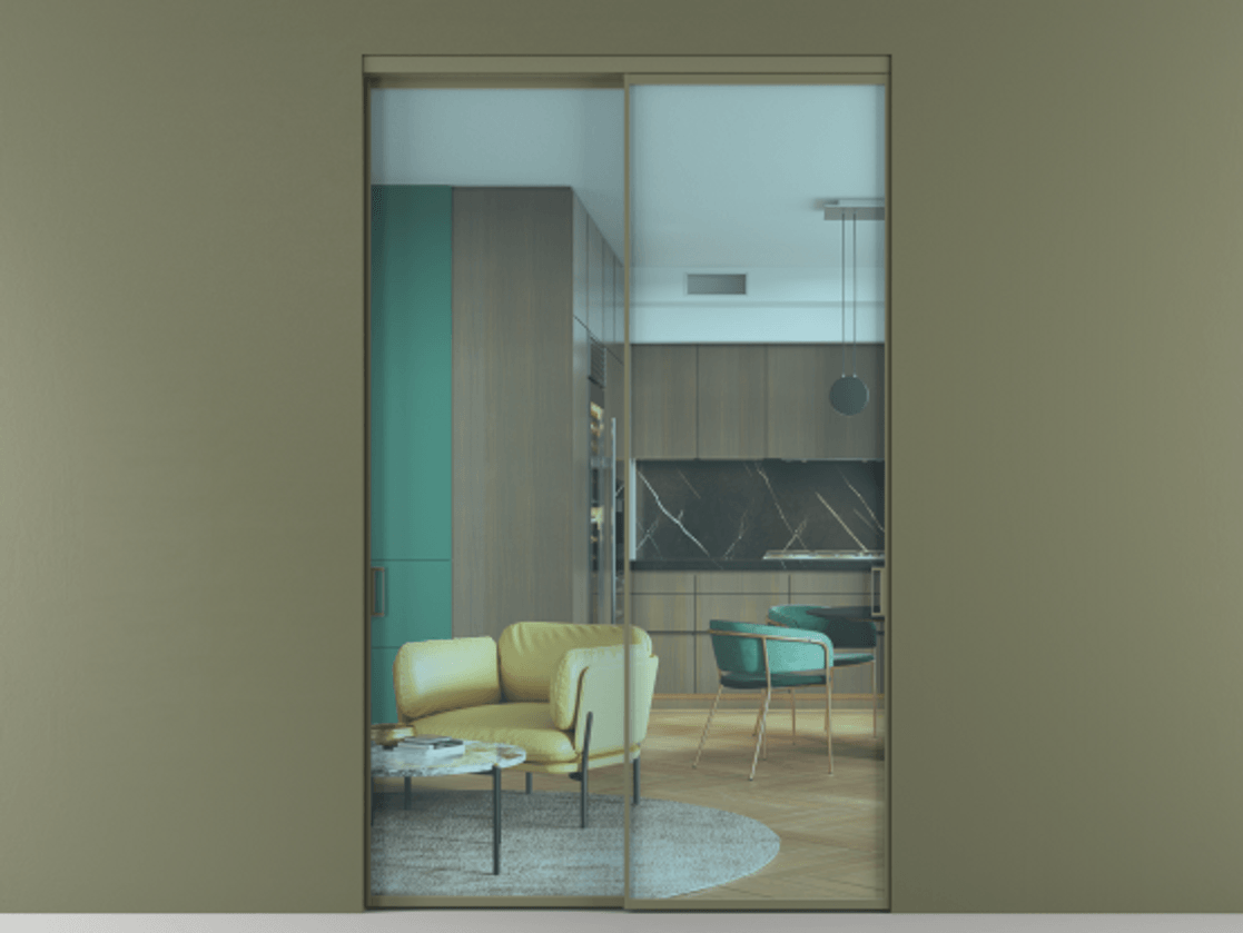 Перегородка Formato внутри проёма двустворчатая АЛПР 040.01 Алюминий оливковый тёмный Прозрачное голубое стекло, триплекс Цена 465980 ₽  | Volhovec