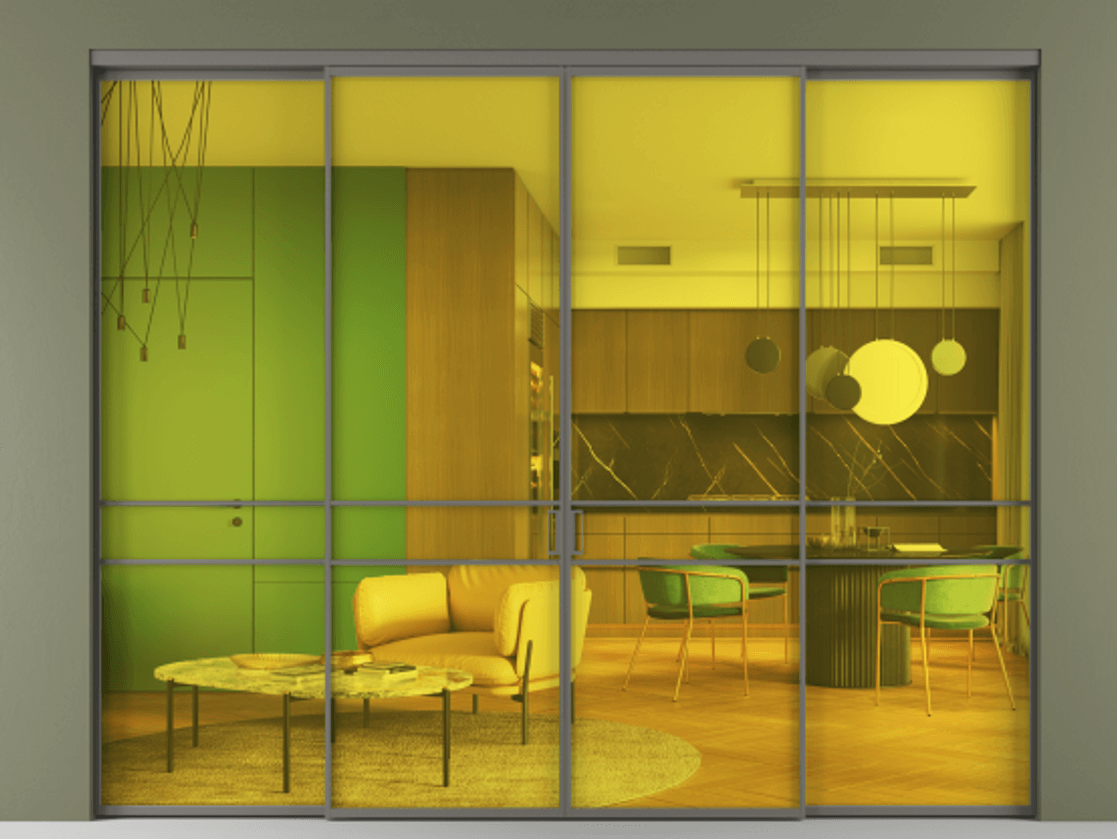 Перегородка Formato внутри проёма 4 створки АЛПР 040.02 Алюминий классический серый Прозрачное жёлтое стекло, триплекс Цена 354310 ₽  | Volhovec